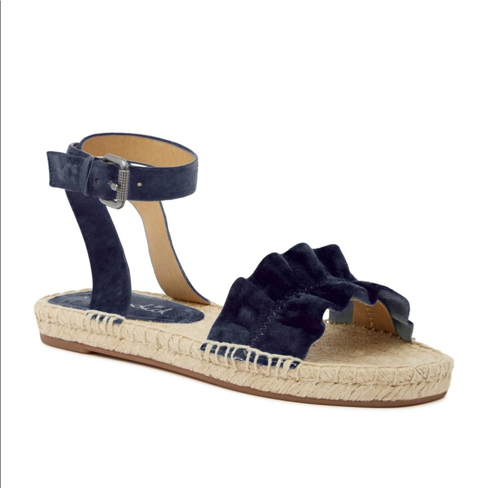 Becca Ruffled Espadrille Sandal In Navy Suede